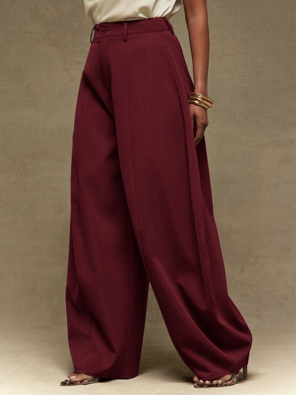 Burgundy Casual Women's Suiting High Waist Barrel Leg Pants - Picture 4 of 4